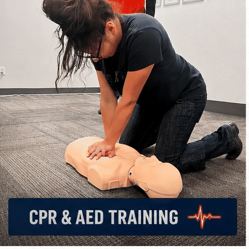 Student practicing CPR on a training manikin during a BLS class